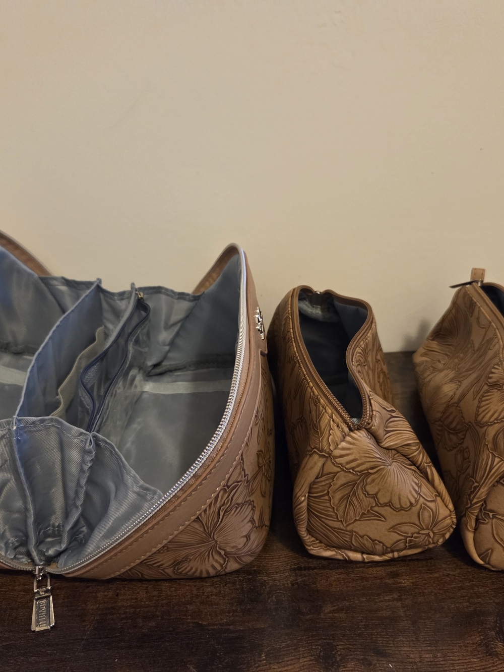 Embossed Floral Top-Handle Cosmetic Case in Tan - Picture 4 of 6